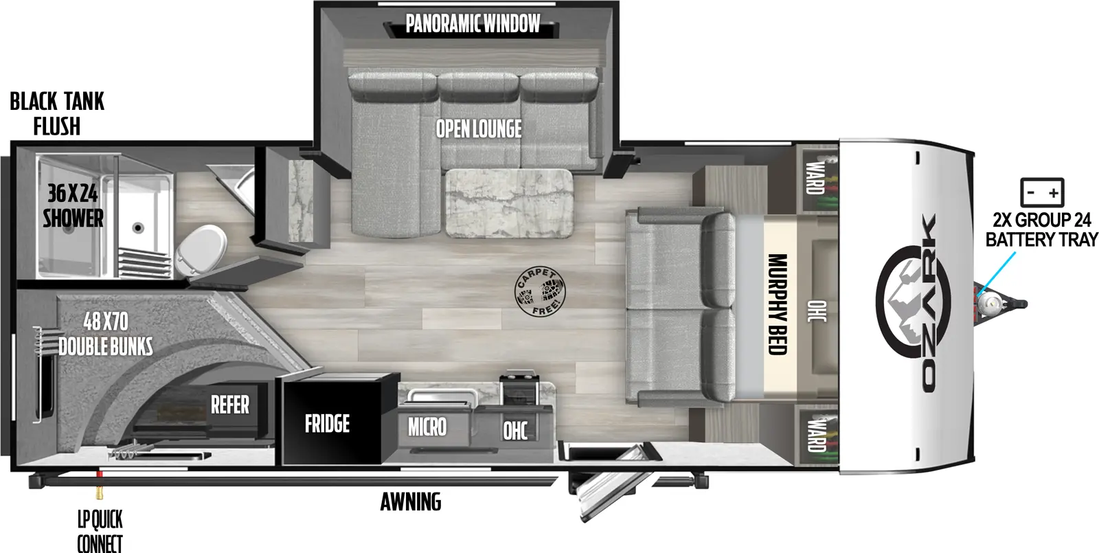 The 1680BSK has one slideout and one entry. Exterior features include front 2x group 24 battery tray, awning, refrigerator, LP quick connect, and black tank flush. Interior layout front to back: Murphy bed sofa with overhead cabinets and wardrobes on each side; door side entry, kitchen counter with overhead cabinet, cooktop, microwave, sink, and refrigerator; off-door side slideout with panoramic window and open lounge with table; rear door side double over double bunks; rear off-door side full bathroom. Carpet Free Interior.